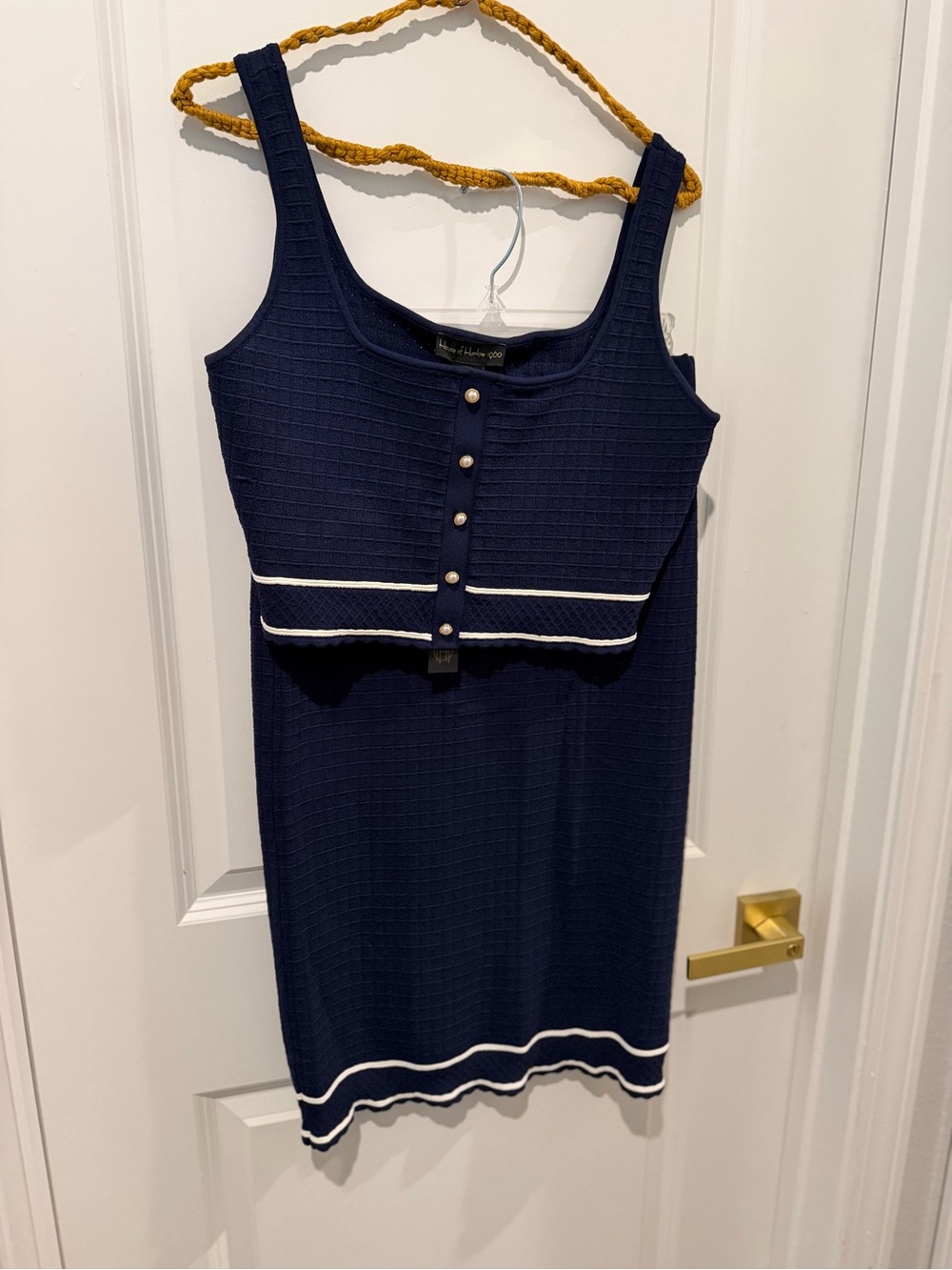 Navy Knit White Trim 2 piece Sweater Top Skirt Set Pearl Buttons Flattering NWT